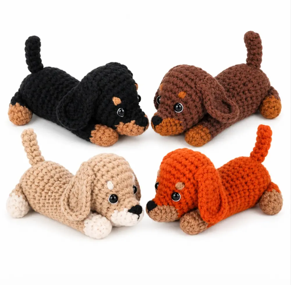 TIKA Beginner Crochet Kit 4-Pack Dachshunds with Step-by-Step Video Tutorials, DIY Amigurumi Animal Crochet Set for Adults