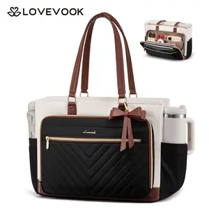 LOVEVOOK 15.6 Inch Laptop Tote Bag for Women, Work Bag Teacher Tote with Large Cup Holder, Quilted Nurse Diaper Bag for Travel, Computer Women's handbags for Teacher gift,TikTokShopStockUp