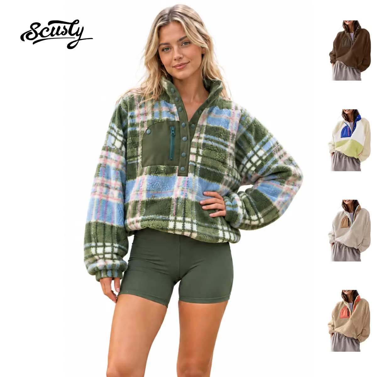 SCUSTY Women’s Lightweight Fleece Pullover Jacket Cropped Fall Winter Fuzzy Sherpa Jacket Sweatshirt Coat with Pockets