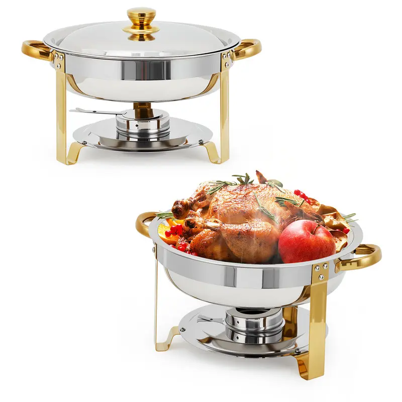 Luxurious & Retro Design 5QT Round Stainless Steel Mirror-Finish Full-Size 2-Piece Chafing Dish Buffet Set - Handy, Sturdy, Stackable, Fuel Holder Included; Tray, Pans, Handles for Party, Reception Catering Warmer