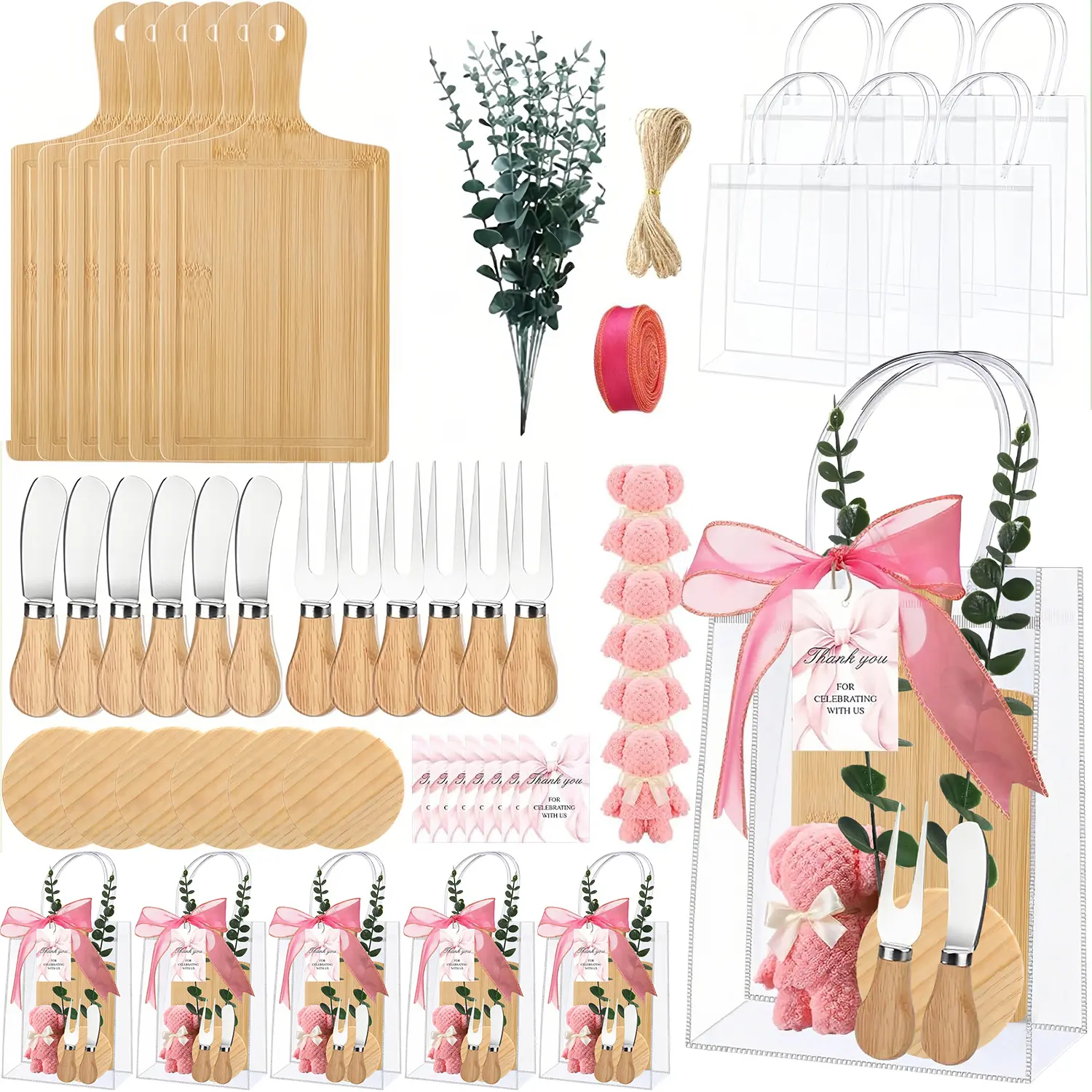 6Sets Cheese Board Fork Knives Coasters Towel Artificial Potted Plant Thanks Card Gift Bag For Baby Bridal Shower Gender Reveal Wedding Favors Push Gifts