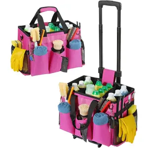 Rolling Cleaning Caddy Bag with Detachable Trolley, Professional Portable Large Cleaning Bag with Wheels, Wearable Cleaning Supply Bag on Wheels for Housekeepers, Rose Red