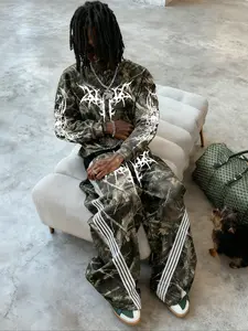 Fashion Street Style Jungle Camo Graphic Print Round Neck Sweatshirt and Pants Matching Set, Casual Loose-Fitting Unisex Winter Camouflage