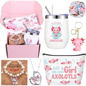 6 PCS Lover Gifts Cute Gifts Set for Girls 12oz Stainless with Lid Bracelet Makeup Bag Keychain Necklace Stickers for Axolotls Themed Birthday Animal Lovers Gift