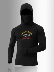 Men's Paul & Shark Yachting Hooded Mask Compression Long Sleeve, Black Shark Graphic Gym Workout Shirt, Quick Dry Compression Men's Gym Hoodie, Hooded Mask & Shark Graphic, Perfect for Training & Sailing, Athletic Compression Shirts