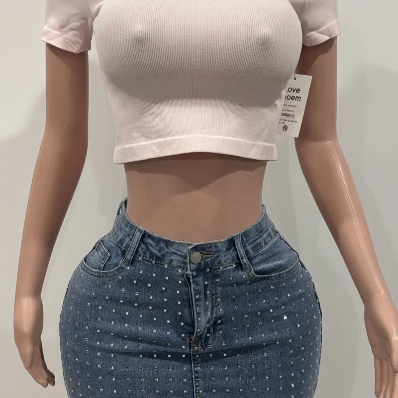 AJ926 Diamond Drip Denim Mini Skirt High-Rise Fitted Silhouette with Rhinestone Studs & Distressed Accents for Bold Style