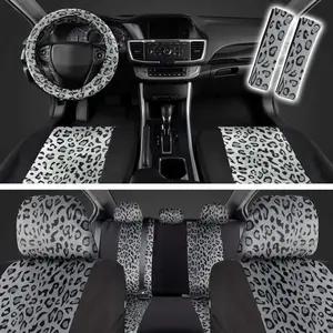 Leopard Print Car Seat Covers Full Set, Includes Matching Seat Belt Pads and Steering Wheel Cover, Two-Tone Cheetah Print Gray Seat Covers for Cars for Women, Car Seat Protector Interior Covers