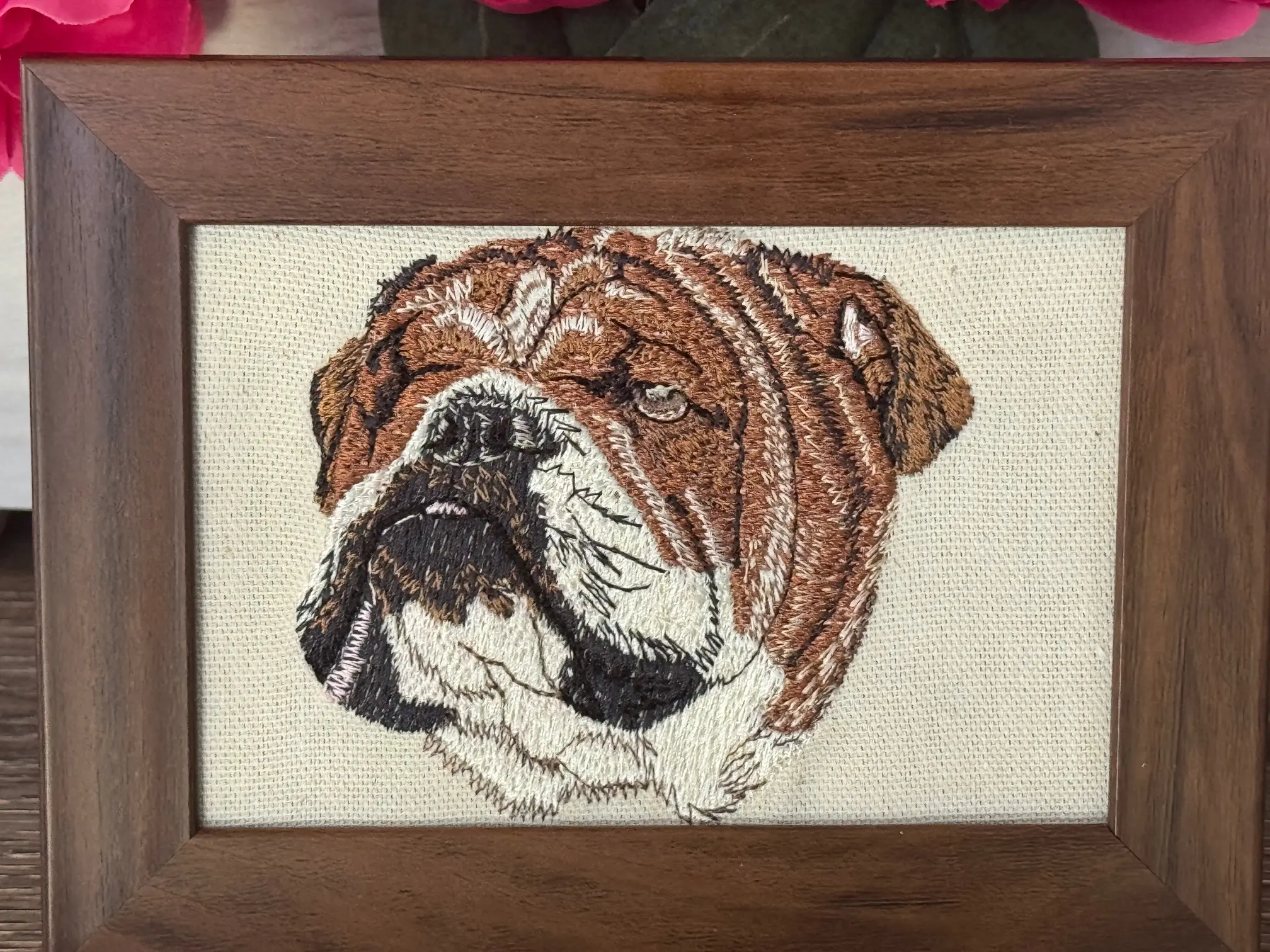 Machine-Made Cute Bulldog Embroidered Framed Sign, Rectangle Canine Theme Home Decor Plaque, Brightening Bedroom & Home-Office Tabletop Accent, Multiple Designs & Breeds Available