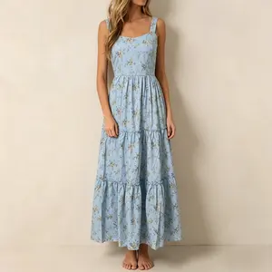 Women's Sleeveless Square Neck Smocked Tiered Flowy A-Line Maxi Dress - Floral Print, Zipper-Equipped, Bohemian Style Cam Flower Casual Dresses for Summer Vacation, Casual Wear