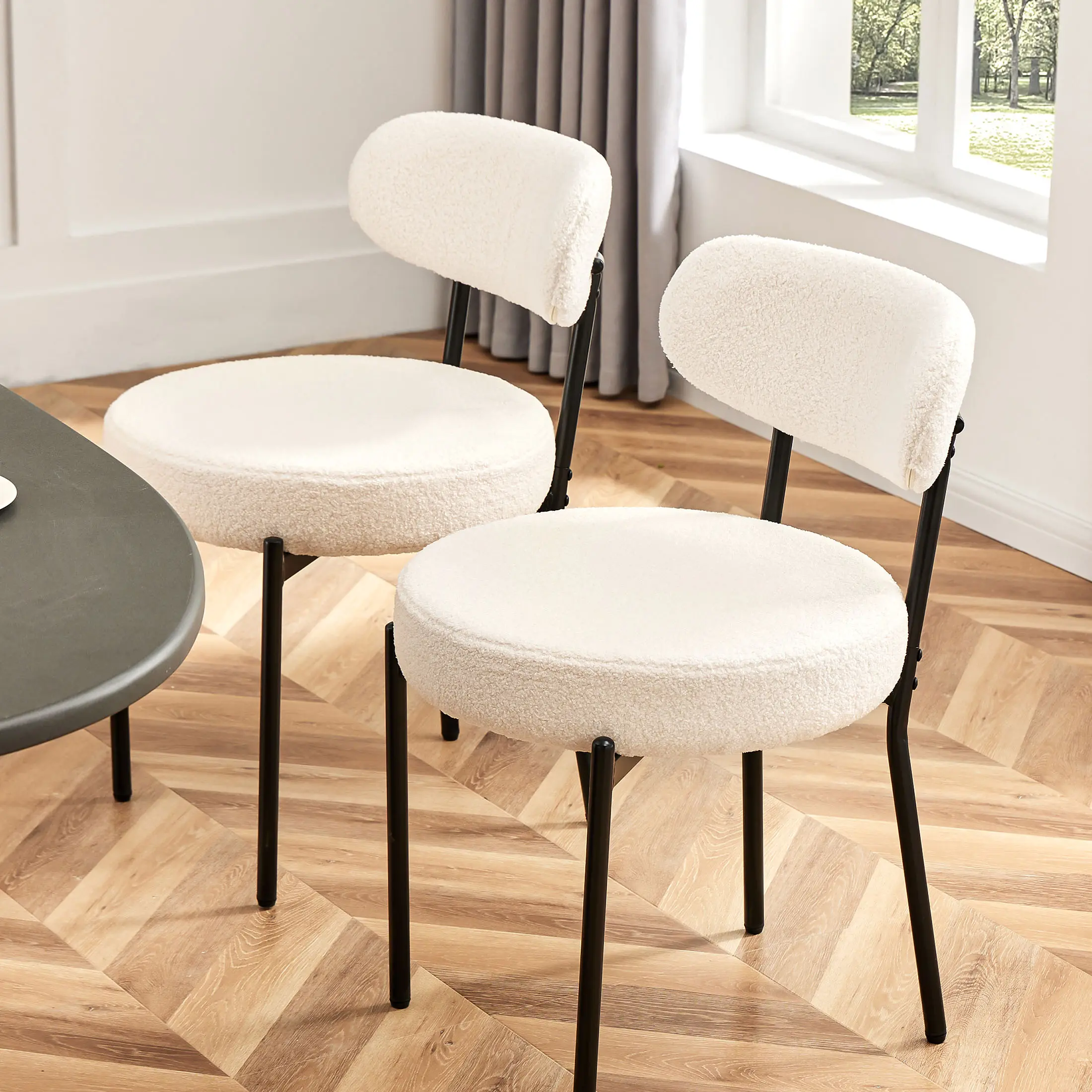 2-Piece Boucle Upholstered Armless Dining Chairs, Mid-Century Modern Fabric Padded Kitchen Chairs with Curved Backrest, Metal Legs, Round Indoor Furniture Seating, Armless Chairs, Fabric Padded Chair