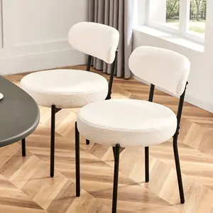 Set of 2 Dining Chairs Boucle Upholstered Kitchen Chairs with Curved Backrest & Metal Legs-Mid Century Modern Round Dining Room Chairs