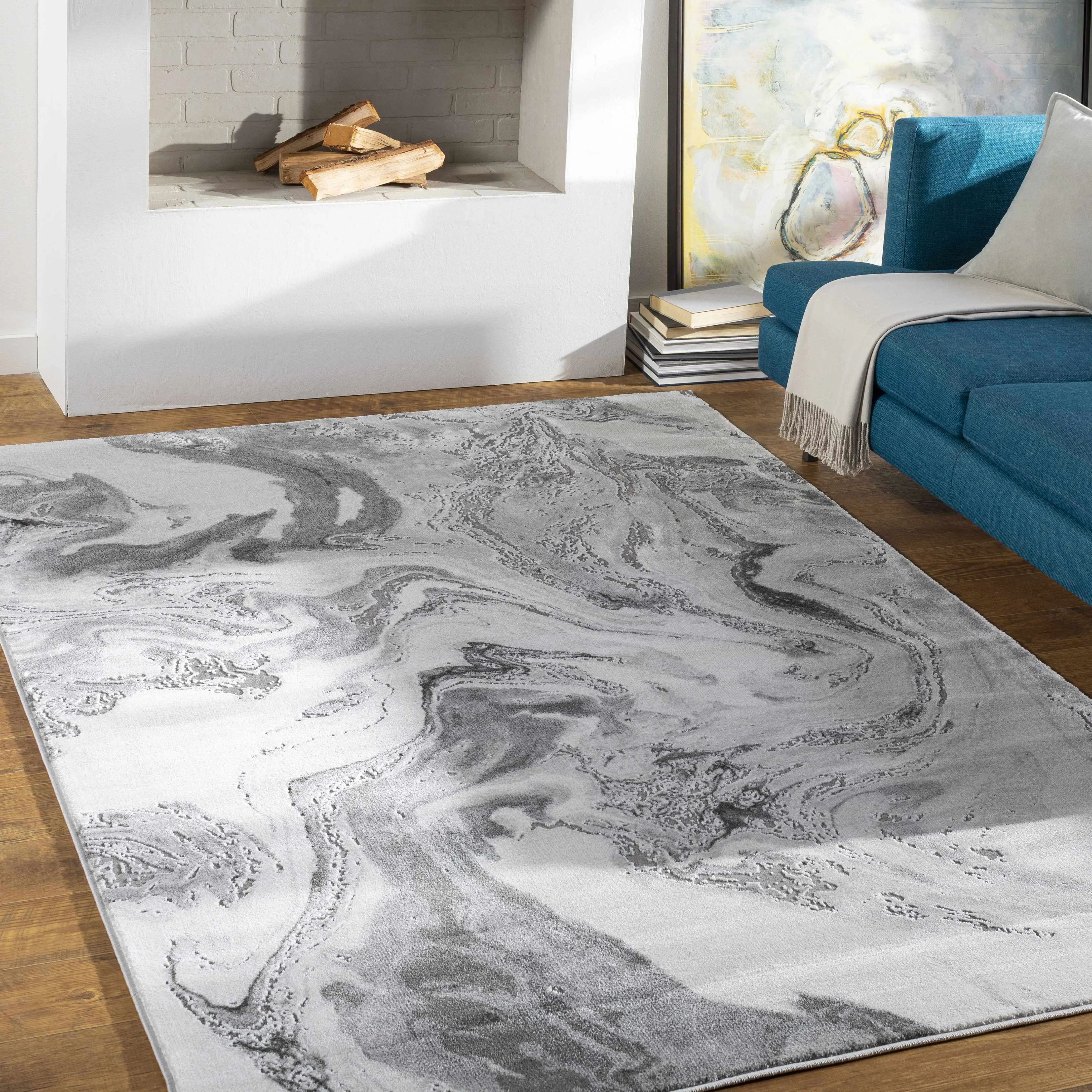 Moana Charcoal Decorative Marble Area Rug, Decorative Rug