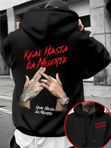 Men's Street Style Hoodie Knit, Real Hasta La Muerte Graphic Prints Design, Loose Fit Casual Wear, Fall & Winter Fashion, Comfortable Daily, Sweatshirts