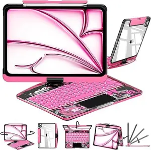Minisopuru 360° Swivel Keyboard with Y2K Style Transparent Case for iPad Tablet Accessories Durable Lightweight Build with Pencil Support