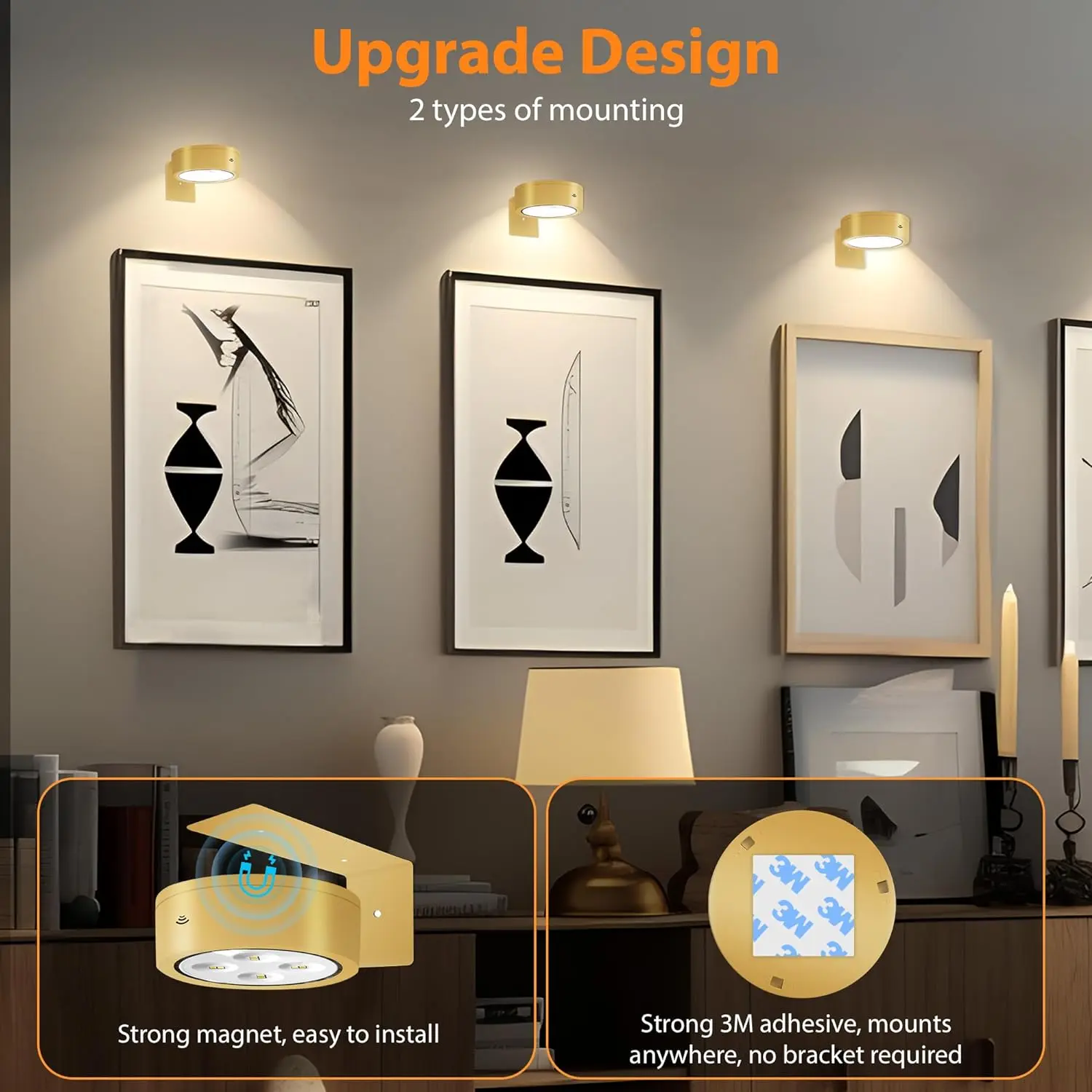 3 PCS Battery Operated Painting Lights, Magnetic LED Painting Lights with Remote Dimming and Timer, 3 Lighting Modes Art Display Lights for Frame Displays, Wireless Wall Decor Puck Lights, Gold night light battery  operated counter  lamp