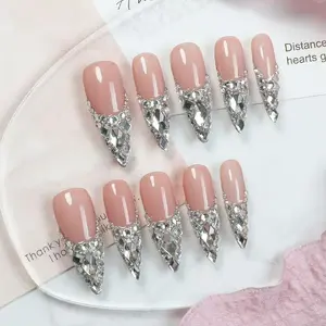 10pcs hand-painted three-dimensional square diamonds, dazzling full of diamonds handmade fake nails, Bling Rhinestone, Super long length, Suitable for important banquets, birthday parties, anniversary celebrations