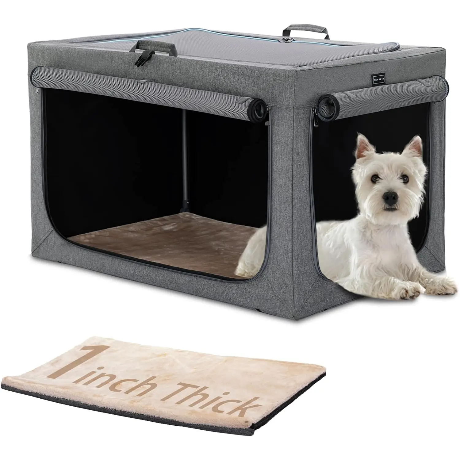 PETSFIT Dog Travel Crate, Soft Sided Dog Crate - 24 Inch Easy Set-Up, Light, Sturdy, Comfy inside with Thicken Mat, Soft Crate for Home and Travel Gray PETSFIT