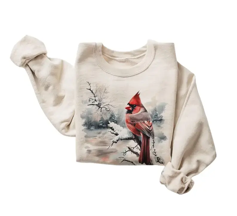 Retro Red Cardinal Winter Scene Sweatshirt - Nineties 90s Birding Bird Watching Outfit - Boho Unisex Crewneck Sweatshirt