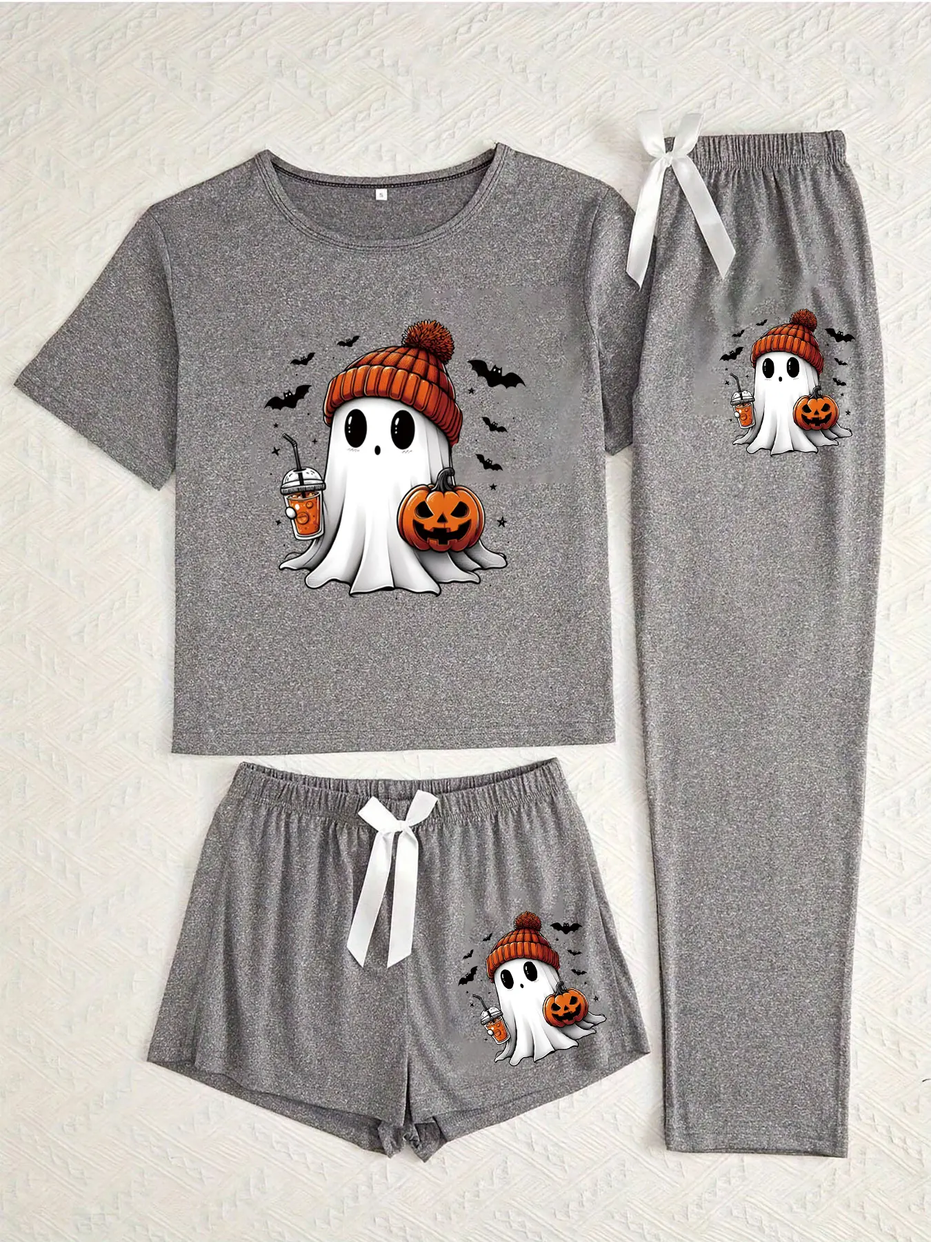 Halloween Ghost Pumpkin Print Pajama Set for Women, Casual Fitted Sleepwear, All-Season Comfortable Nightwear, Matching Loungewear Set