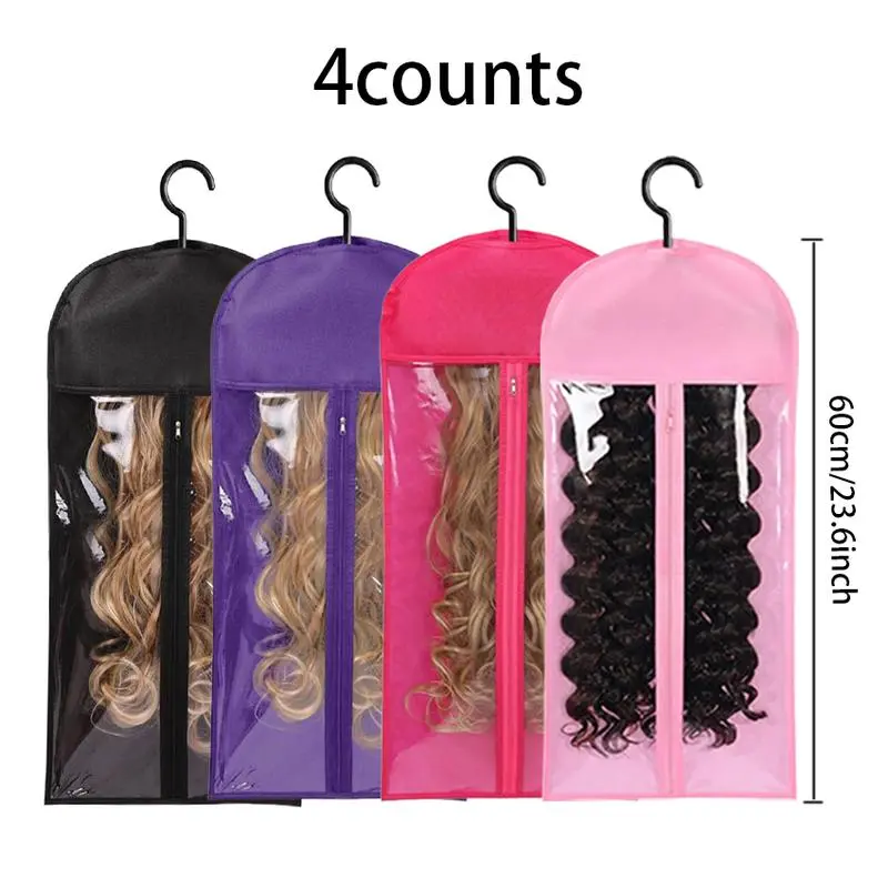 Dustproof Transparent Wig Storage Organiser Bags with Hanger (4/8PCS), Hangable Haircare Accessory for Wig Storage, 4Pcs-1B/Purple/Red/Pink