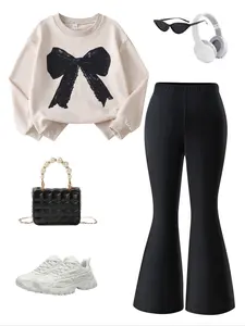 Girls' Fashion Bowknot Print Sweatshirt Set, Fall & Winter Casual Clothes Fitted Slim-Fit Round Neck Top + Skinny Leg Pants, Outdoor Leisure Wear Outfit