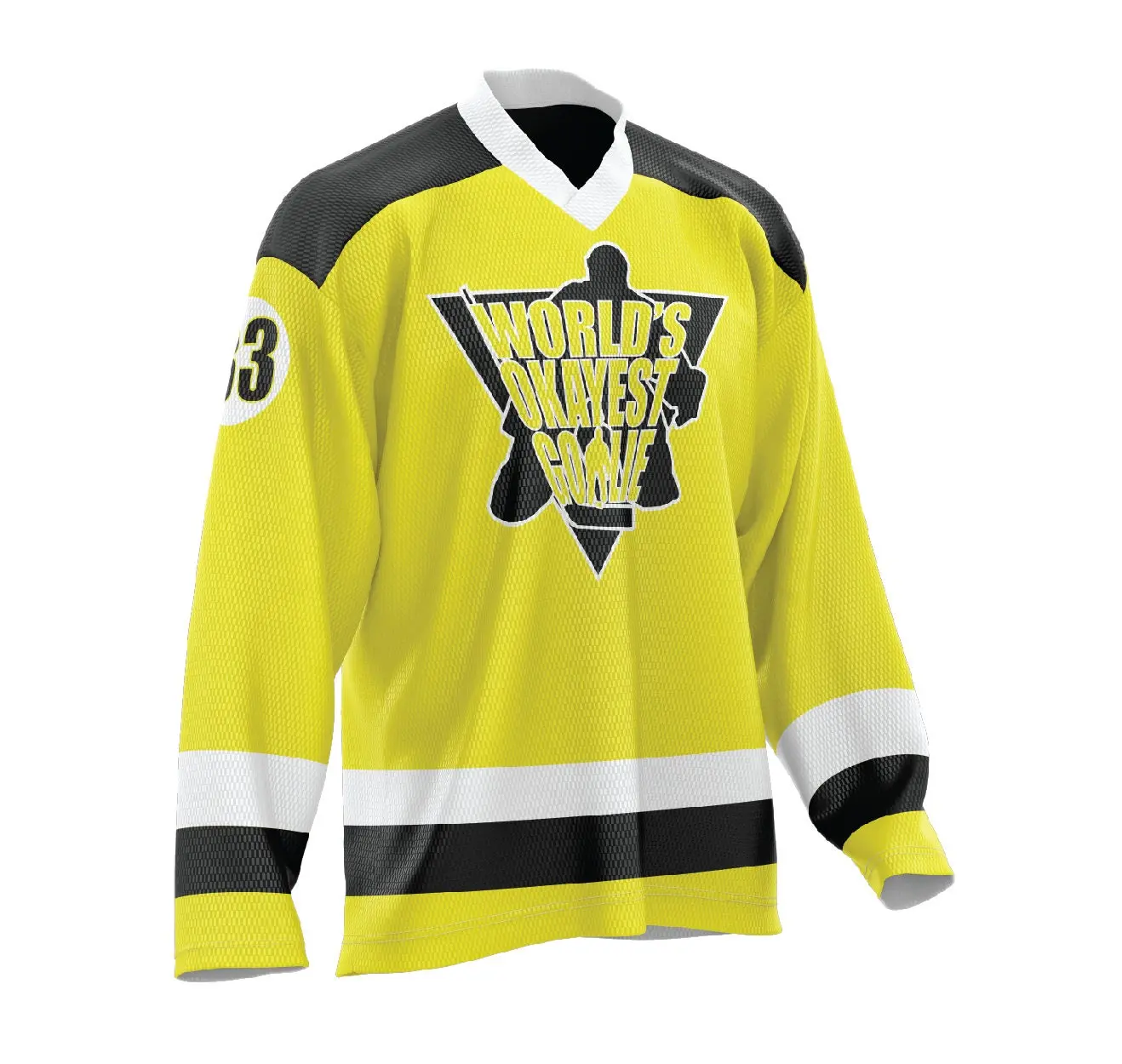 World's Okayest Goalie Hockey Jersey Neon Yellow/Black/White 100% Polyester Fully Sublimated Bold Colors Long Lasting Customizable Name & Number