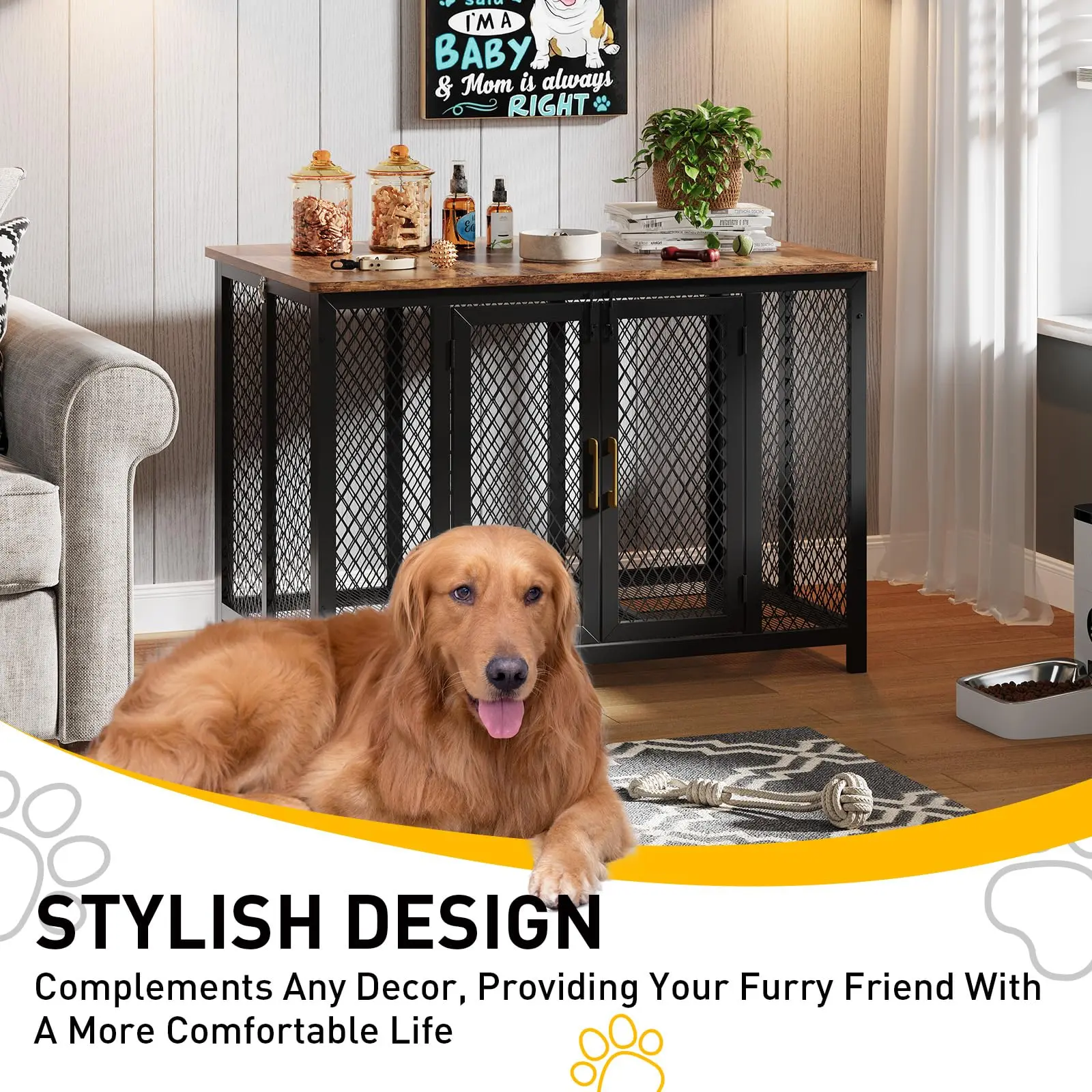YJ-Garvee Dog Kennel with 2 doors, side table with metal grate, chew-resistant, indoor kennel, with wooden flip lid, for small and medium dogs (116 x 84 x 75 cm)