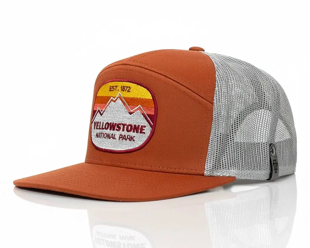 YELLOWSTONE MTN 7-Panel Flat Bill Trucker, Richardson 168 Orange