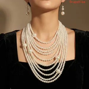 Multi Layer Pearl Necklace And Earrings Set Long Beaded Sweater Chain Elegant Statement Jewelry For Women Daily Wear