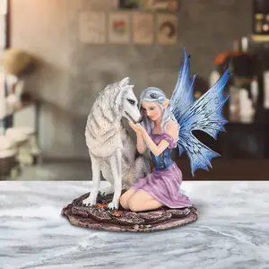 6.75"H Bleu and Purple Fairy with White Wolf Statue Fantasy Decoration Figurine