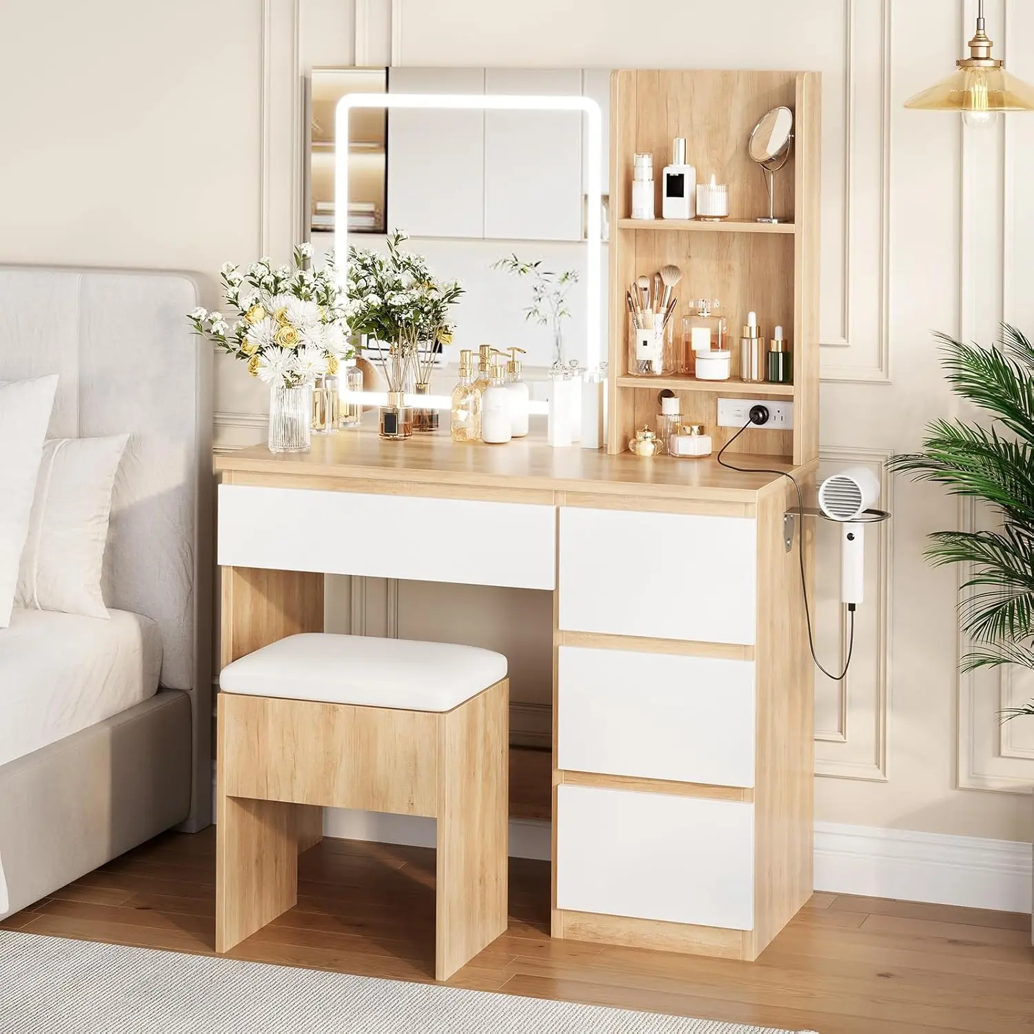 Gaomon Modern Natural Wood Finish Makeup Vanity Desk - Stylish, Modern, Stand-Alone, Illuminated, Multi-Light Makeup Vanity with 3-Color LED Mirror, 2 AC Outlets, USB Type-C Port, 4 Drawers, Hair Dryer Holder, Stylish Makeup Vanities, Multi-Light Makeup V