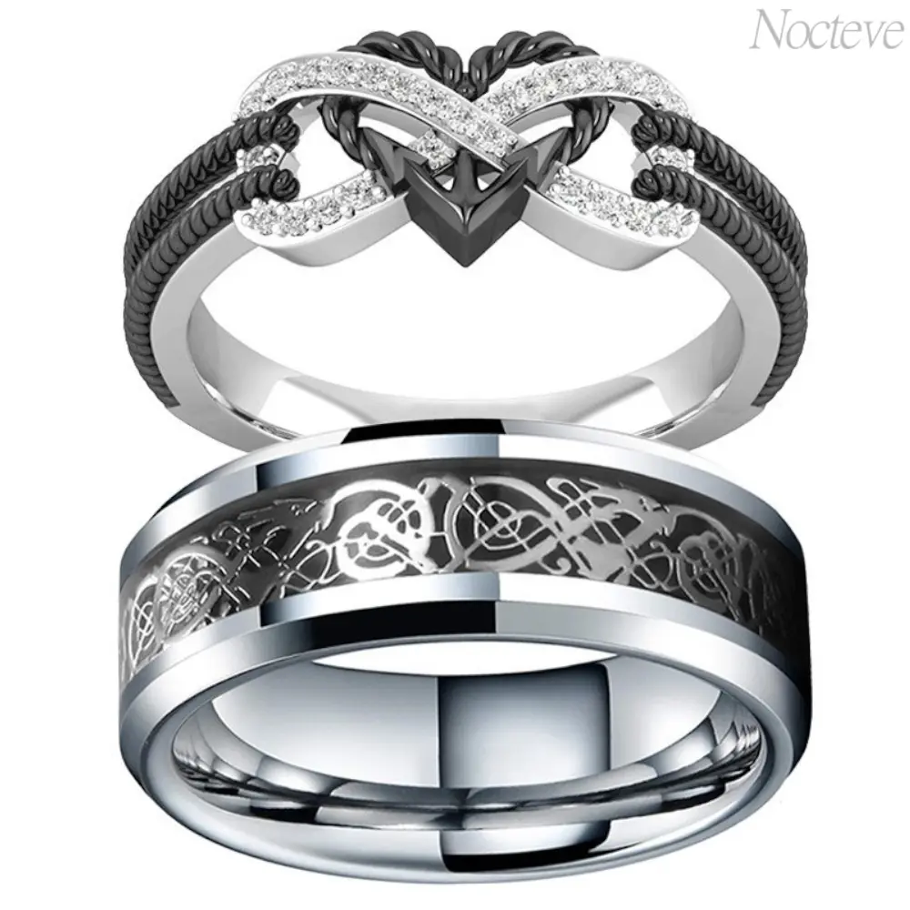 Matching Couple Rings Set, His and Hers Minimalist Black Heart Stainless Steel Fashion Promise Rings, Tarnish Resistant Comfort Fit Band for Anniversary, Fashion Promise Ring, Stainless Steel Jewelry