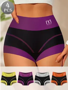 QUASTI 4pcs Full-coverage Ladies Boxer Briefs, High-waist Tummy Control Contrasting Panties, Comfortable Breathable Underwear Briefs for Women
