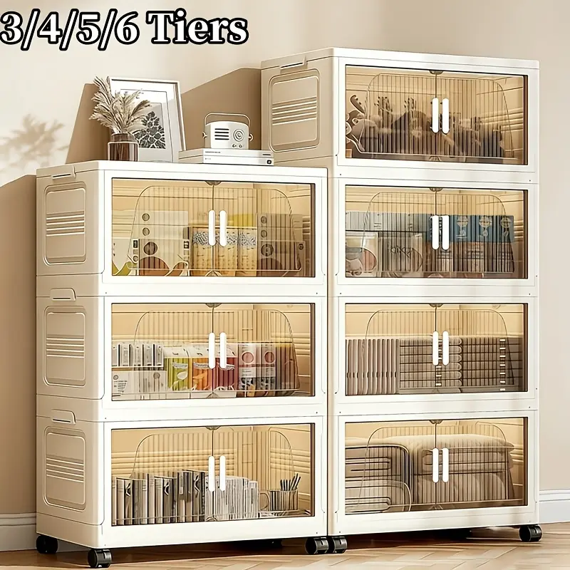 White, transparent 19.7-inch stackable storage organizer; multifunctional foldable plastic storage bin; multi-tiered, space-saving organizer with lid and wheels; storage container for pantries, living rooms, bedrooms, kitchens, and offices