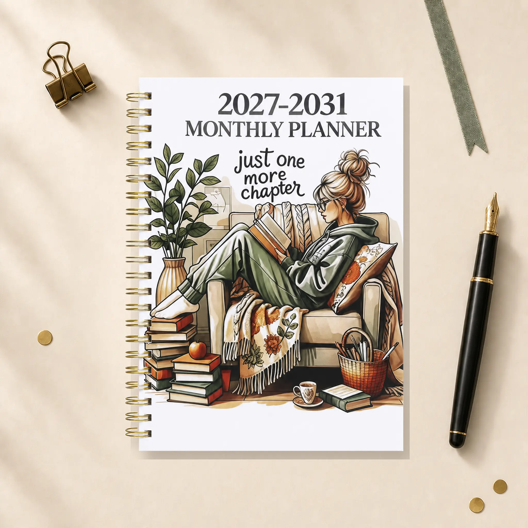 2027-2031 A5 Spiral Monthly Planner Notebook, 5-Year 60-Month Organizer with Habit Tracker, Notes, Contacts, Yearly Overview, Book Lover Cover, Planner Accessories
