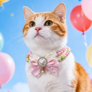 Pet Colorful Dual Pearl Bow Heart Necklace, Adjustable Neck Size, Pet Jewelry, Cat & Dog Collar, Birthday Gift, Holiday Accessories