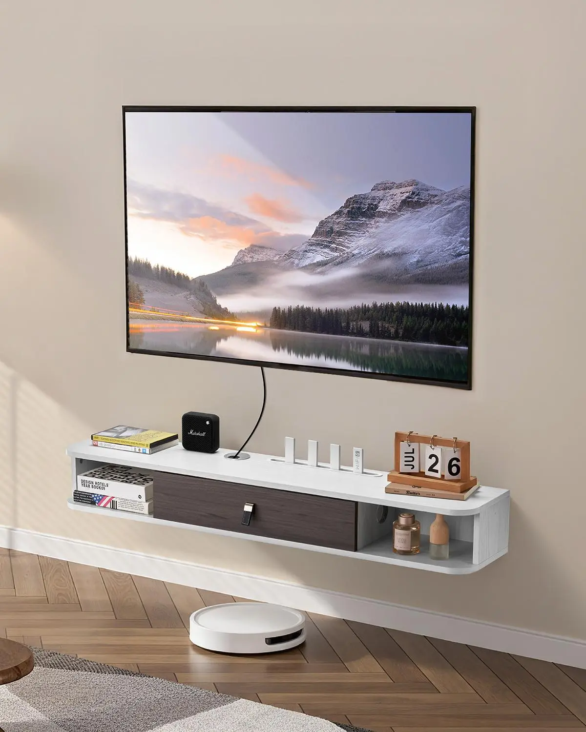 【SummerFinds】VEVOR Floating TV Stand, 47 in Wall Mount Entertainment Center with Cable Hole, Modern Floating TV Shelf with Storage Cabinet, Particle Board Console for DVD Player, Cable Box, Game Console, White