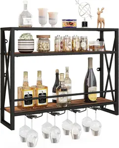 Giantex Industrial Wall Mounted Wine Rack, 3-Tier Metal Hanging Wine Bottle Glass Rack w/ 16-Bottle Holders, Heavy Duty Wall Wine Floating Shelves for Home Bar, Kitchen, Dining Room, Rustic Brown