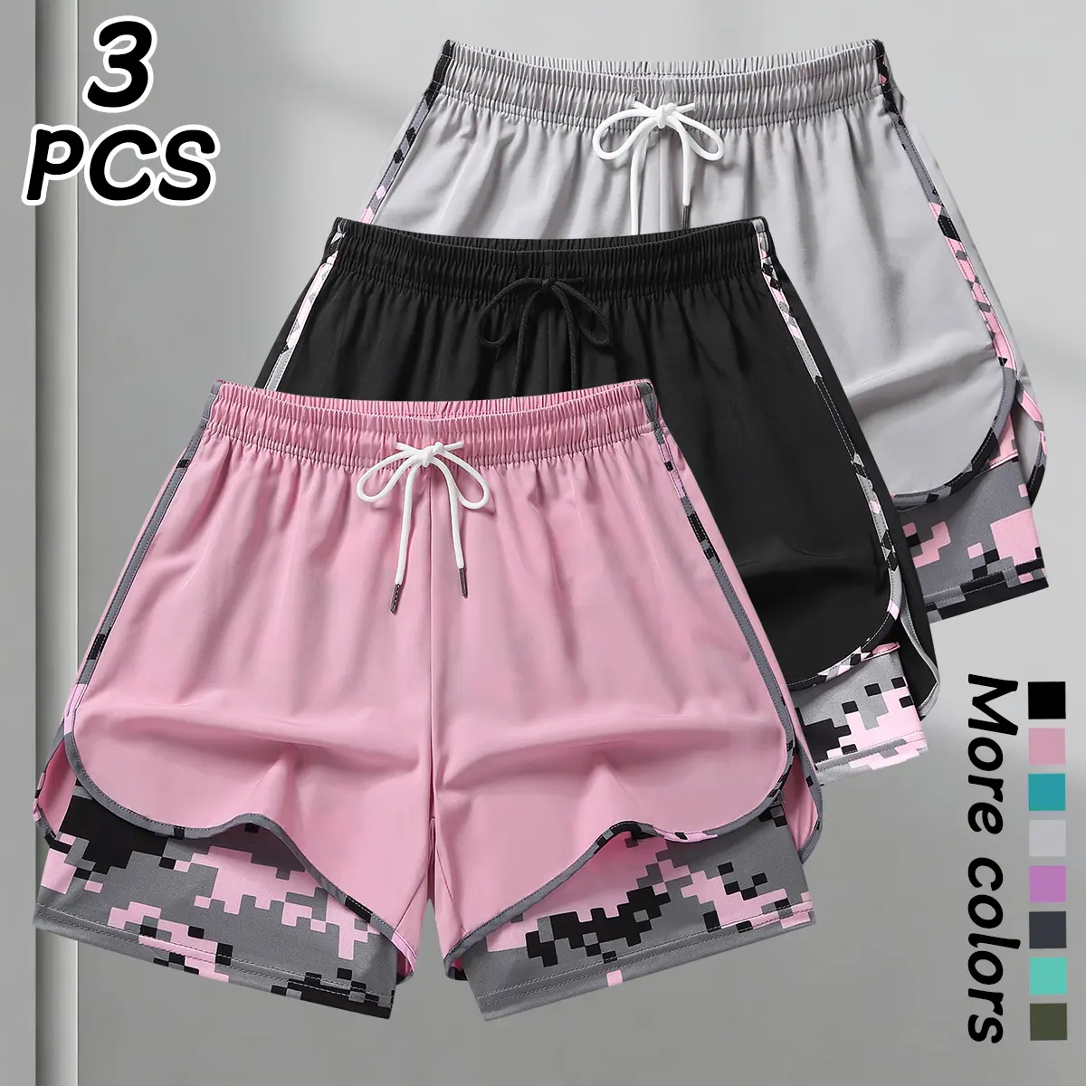 Summer women’s shorts (3-pack), outdoor running shorts, fashionable casual women’s shorts. Double-layer faux two-piece camouflage print 5-inch inseam pants, breathable and quick-drying, with side mesh pockets