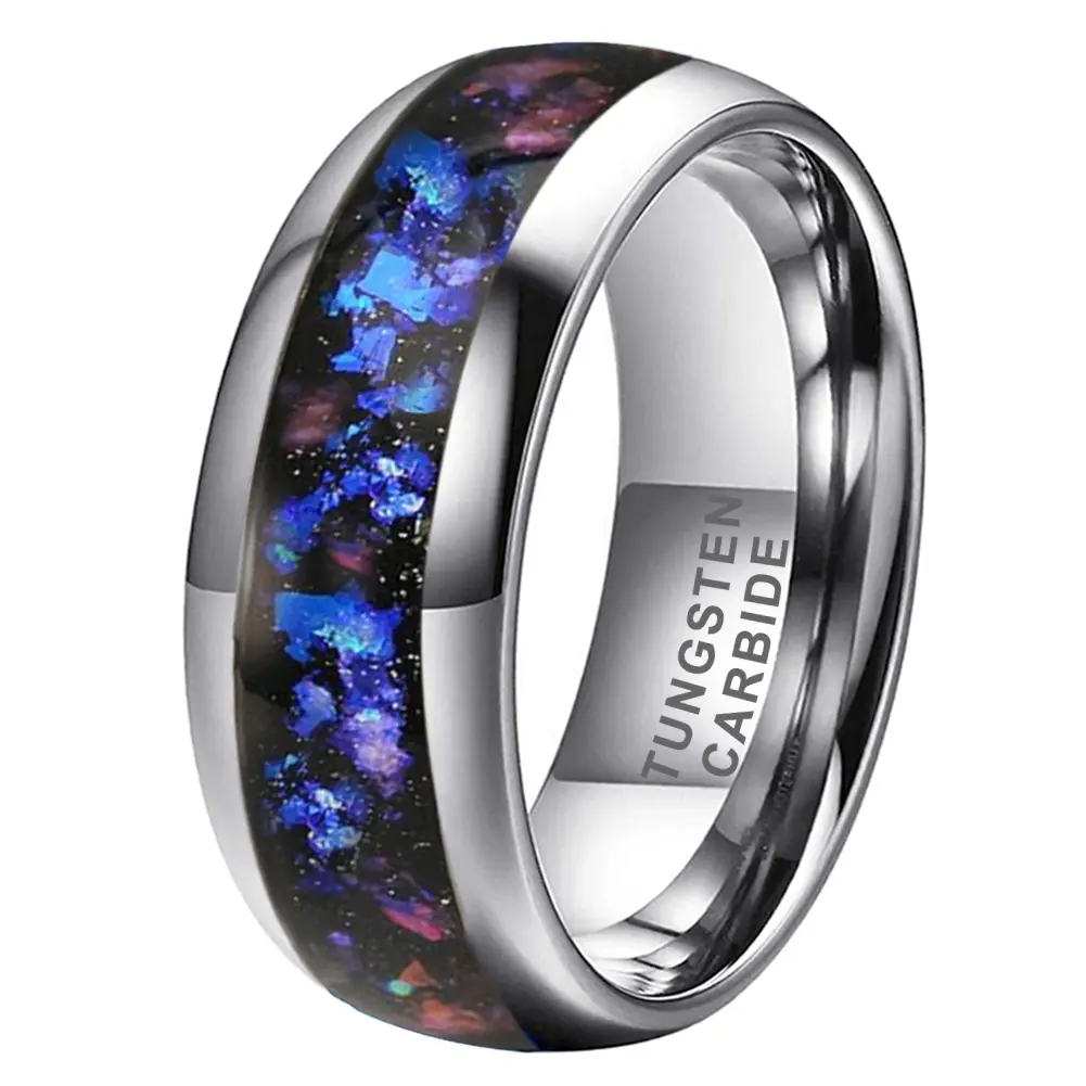 8mm Silver Tungsten Carbide Galaxy Opal Inlay Ring for Men & Women, Blue Purple Cosmic Crushed Stone Band, Durable Scratch-Resistant Comfort Fit Jewelry, Unique Gift Ring for Couples & Everyday Style