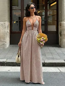 Deep V Neck Striped Backless Sleeveless Halter Statement Dress, Long Vacation Dress, Elegant Evening Gown, Formal Wear, Elegant Party Apparel, Perfect for Special Occasions