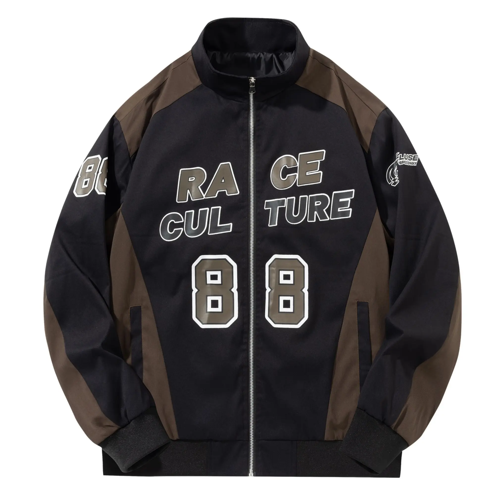 Men’s brown-black jacket with shoulder inserts, color-block design, racing print, stand collar, “RACE CULTURE” lettering in large size, number “88” print, full zip closure, ribbed hem, loose vintage motorcycle style, windproof outerwear