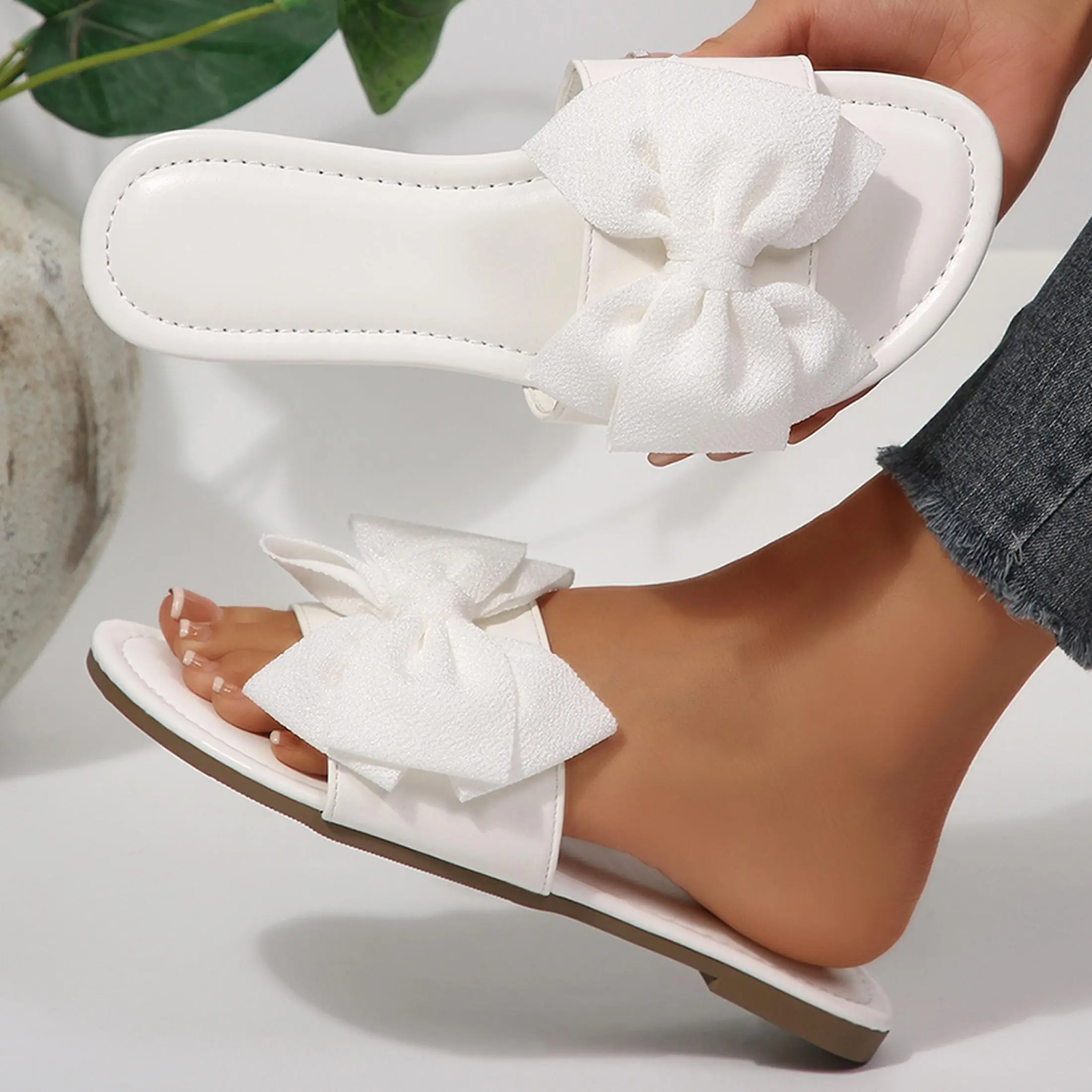 Bow Flat Slides Slippers Glamorous Round Open Toe Sandals for Women Party & Date