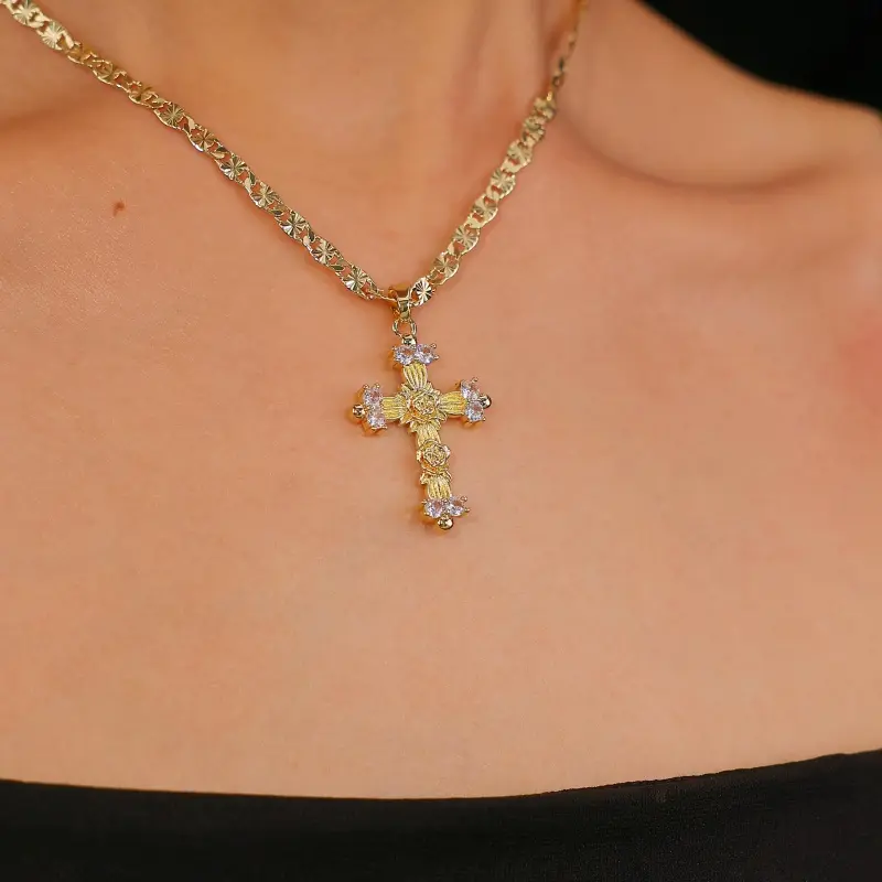 Stella Charm Women's 14K Gold-Plated Brass Vintage Sparkling Rose Cross Pendant Necklace - Affordable Fashion, Spiritual, Diamond Cross Statement Costume Jewelry Accessory