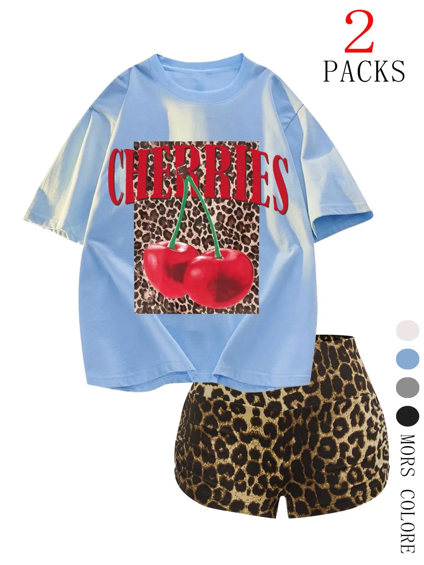 Women's Cherries Print Short Sleeve T-shirt & Leopard Print Shorts Two-piece Set, Casual Round Neck Tee & Skinny Shorts, Ladies Clothes for Daily Wear, Summer, Womenswear, Suits, Fit, Knit, Casual Style Set