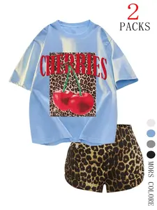 Women's Cherries Print Short Sleeve T-shirt & Leopard Print Shorts Two-piece Set, Casual Round Neck Tee & Skinny Shorts, Ladies Clothes for Daily Wear, Summer, Womenswear, Suits, Fit, Knit