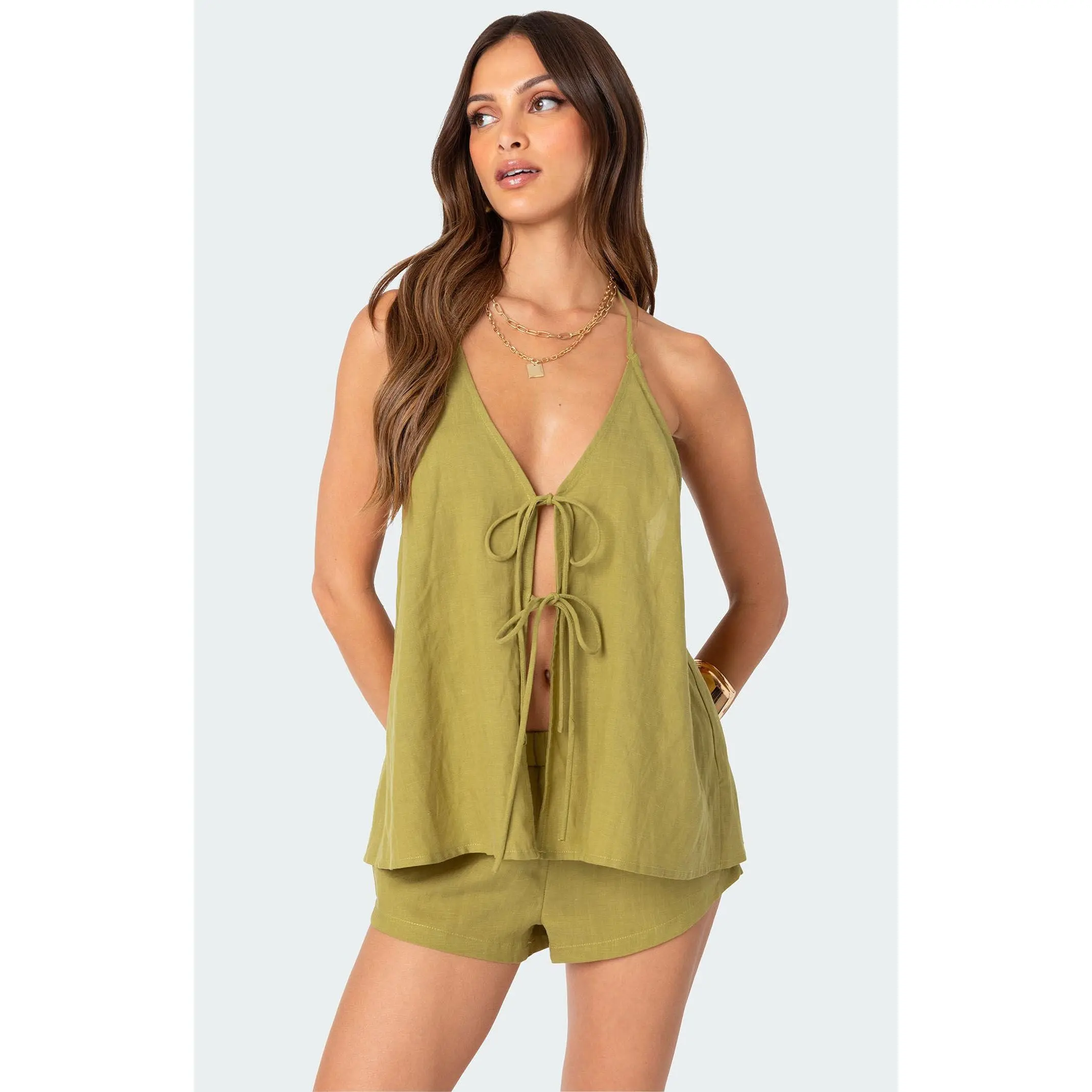 Edikted Women's Arden Linen Look Tie Front Top