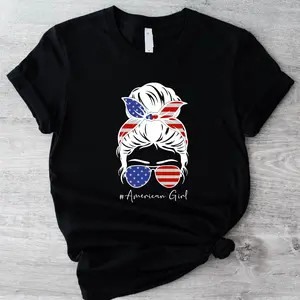4th of July Messy Bun Hair American Girl T-Shirt, American Pride Mom Shirt, Independence Day Gift Tee, Sunglasses Messy Bun Tee, Patriotic Family Shirt.