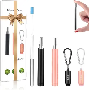 2 Pack Reusable Metal Straws Collapsible Stainless Steel Drinking Straw Travel Portable Telescopic Straw with Case for Cruise Ship Essentials Black Rose Gold Eco-friendly & Easy to Clean