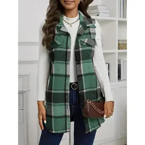 Women's Plaid Print Button Front Vest Coat, Casual Pocket Design Collared Waistcoat for Spring & Fall, Fashion Women's Clothing for Daily Wear